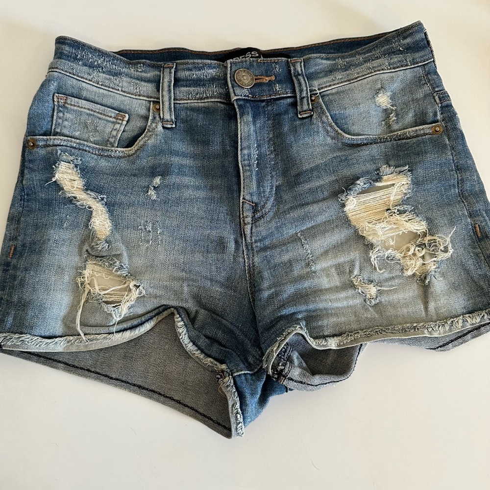 Express High Rise Jean Shorts Medium Wash with Tears